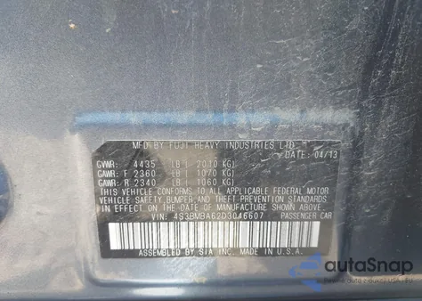 2013 Subaru Legacy 2.5I из США, поврежденный, VIN 4S3BMBA62D3046607